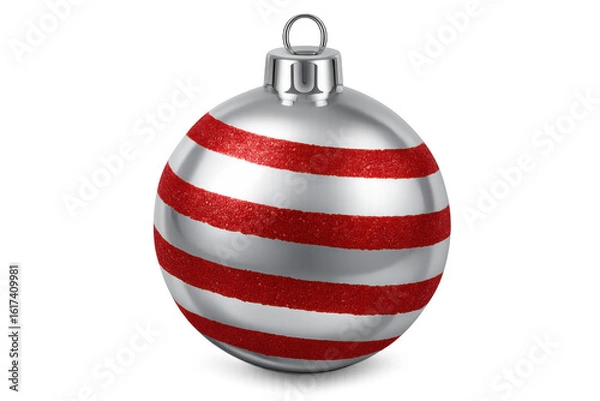 Fototapeta Silver christmas ball ornament with red stripes, hanging from a silver cap, isolated on transparent background, perfect for holiday projects