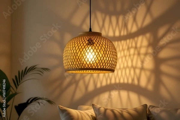 Fototapeta Warm Bamboo Pendant Light Casting Shadow Patterns