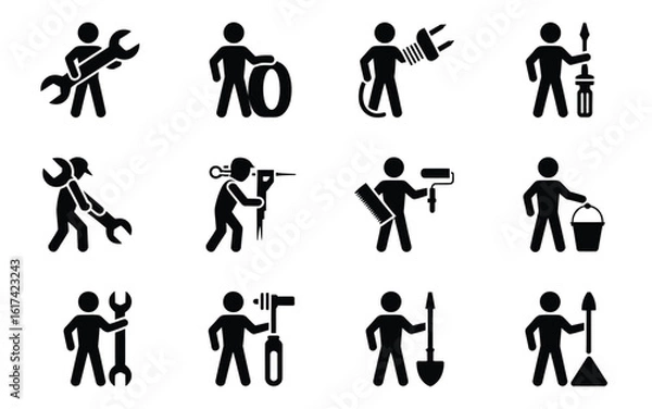 Fototapeta Construction workers and tools icon set
