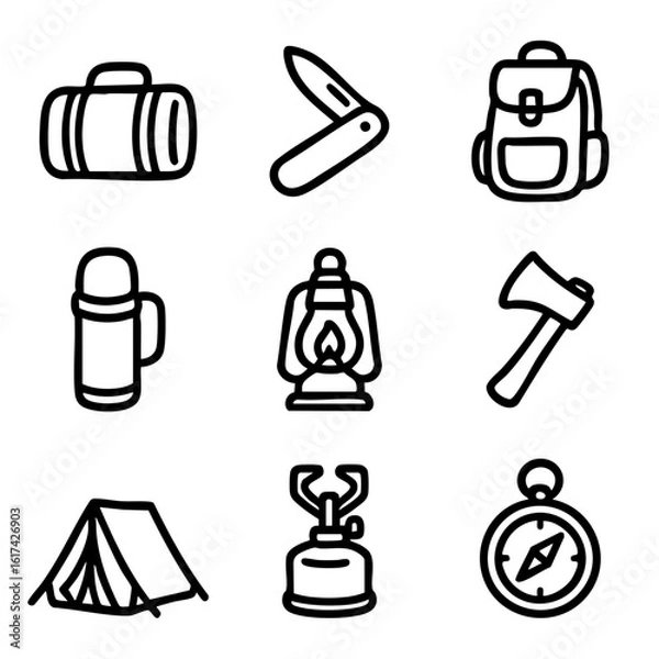Fototapeta A set of doodle line icons representing essential camping gear such as tent, backpack, compass, stove, lantern, and tools