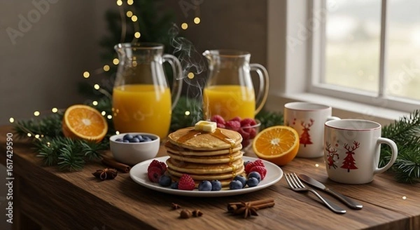 Fototapeta A breakfast spread on a rustic wooden table by a window, bathed in soft morning light. golden pancakes with melting butter and a drizzle of maple syrup,a pitcher of orange juice, and elegant holiday