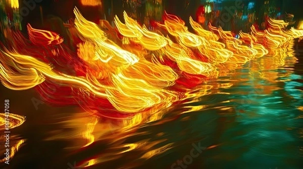 Fototapeta Abstract reflection of luminous flames on rippled water.