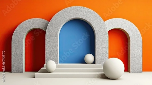 Fototapeta Geometric archways with spheres on a podium.