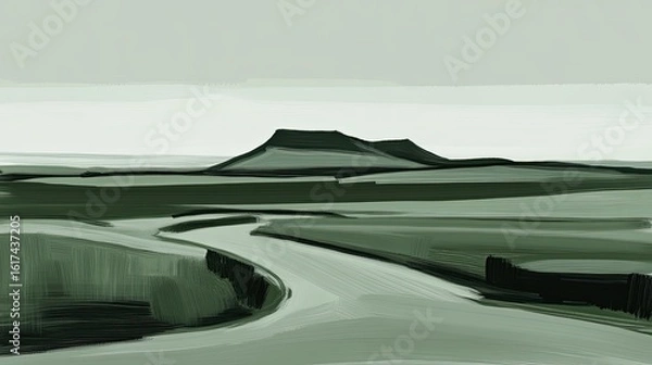 Fototapeta A muted landscape painting of rolling hills and a winding stream.
