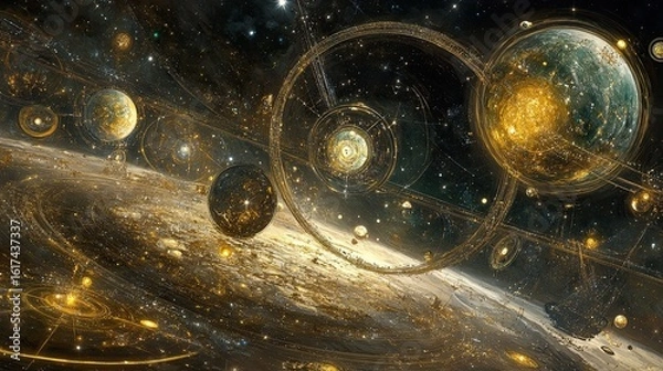 Fototapeta A detailed illustration of a celestial landscape with intricate structures.