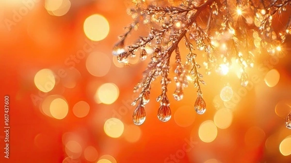 Fototapeta Sparkling frost-covered branch against a warm, out-of-focus background.