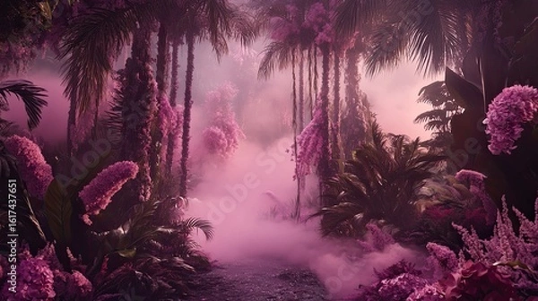 Fototapeta A vibrant, mystical jungle path shrouded in fog.