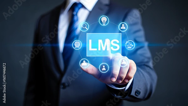 Fototapeta Business professional interacting with learning management system interface suit