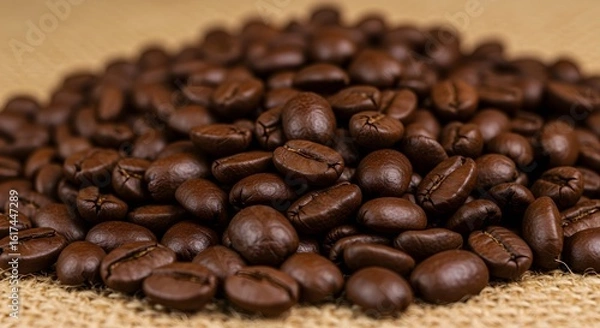 Fototapeta Pile of Roasted Coffee Beans on Burlap Fabric