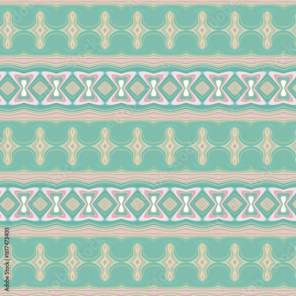 Fototapeta Geometric turquoise pattern with symmetrical butterfly-like motifs and soft pastels. A seamless decorative design for textiles or digital use.