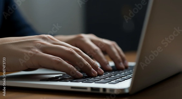 Obraz Professional hands typing on a laptop keyboard, representing modern business communication and remote work.