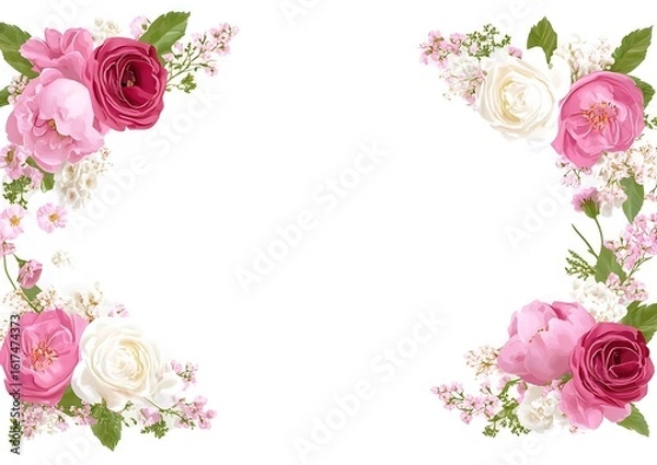 Fototapeta Elegant Floral Border Frame with Pink and White Roses on White Background for Invitations and Greeting Cards
