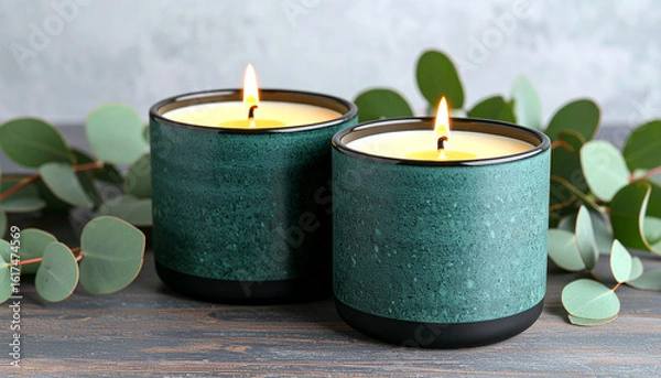 Fototapeta Serene Candlelight: Two candles burn brightly, nestled amidst fresh, green eucalyptus leaves, the soft glow radiating peace and tranquility. 