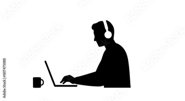 Fototapeta A silhouette of a person working on a laptop with headphones and a mug.