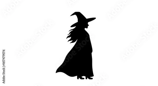 Fototapeta Silhouette of a witch in a black dress and pointed hat.