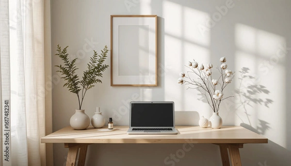 Fototapeta Japandi Minimalist Home Office with Diffuser and Indoor Plant