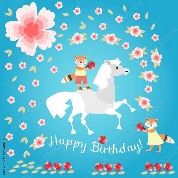 Fototapeta Little foxes with strawberry and funny horse on beautiful floral background. Greeting card Happy birthday! Vector template.