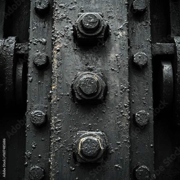 Fototapeta A close-up of thick, darkly painted metal bolts and beams, textured with peeling paint and rust, representing durability, age, and the rugged side of industrial architecture