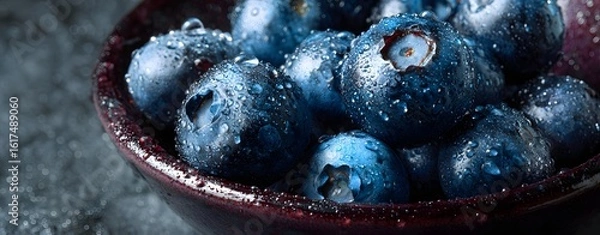 Obraz blueberries ceramic bowl, blueberries with water droplets, blueberries neutral light, Clean Studio Fruit Styling, Fresh Berry Close-Up, Minimalist Food Photography