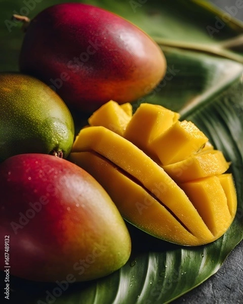 Obraz ripe mangoes close-up, mango slices natural light, mango banana leaves, Tropical Mango Presentation, Organic Fruit Photography, Natural Light Food Styling

