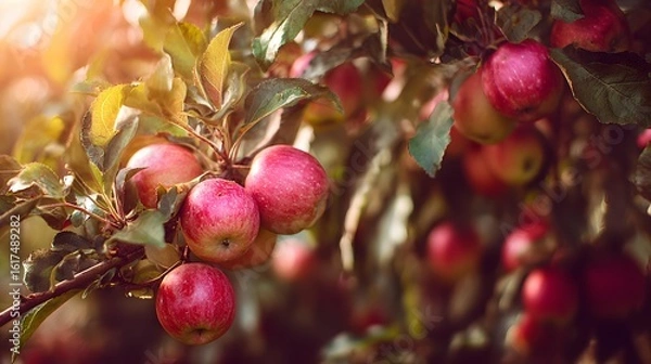 Obraz apple orchard harvest, apple orchard wide view, apple orchard warm light, Apple Harvest Landscape, Golden Hour Orchard Views, Rural Fruit Farming Scene