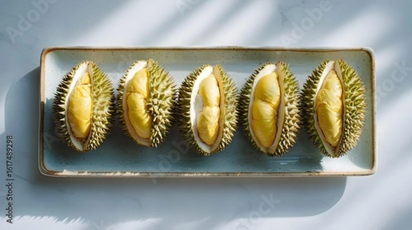 Obraz peeled durian segments on tray, durian segments with clean backdrop, durian segments under sharp light, Asian fruit minimalism, exotic dessert close-up, durian flatlay food styling