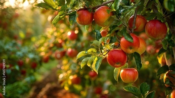 Obraz apple orchard harvest, apple orchard wide view, apple orchard warm light, Apple Harvest Landscape, Golden Hour Orchard Views, Rural Fruit Farming Scene