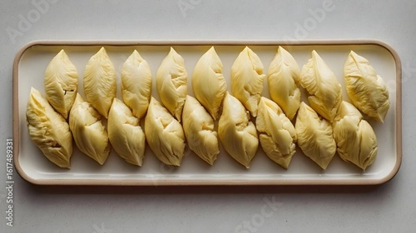Obraz peeled durian segments on tray, durian segments with clean backdrop, durian segments under sharp light, Asian fruit minimalism, exotic dessert close-up, durian flatlay food styling