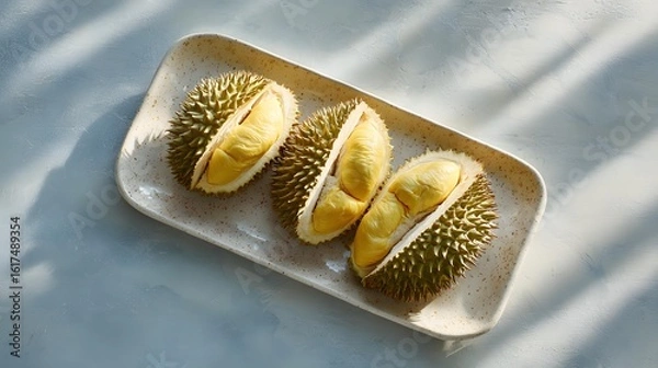 Obraz peeled durian segments on tray, durian segments with clean backdrop, durian segments under sharp light, Asian fruit minimalism, exotic dessert close-up, durian flatlay food styling