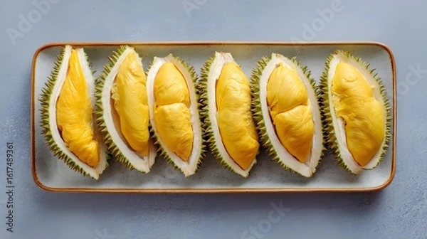 Obraz peeled durian segments on tray, durian segments with clean backdrop, durian segments under sharp light, Asian fruit minimalism, exotic dessert close-up, durian flatlay food styling