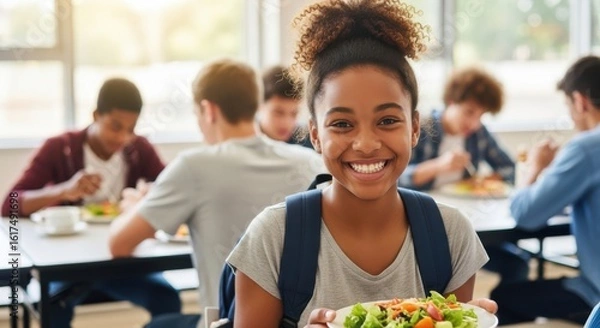 Fototapeta A happy young black girl smiles at the camera holding a plate of healthy salad in a school cafeteria