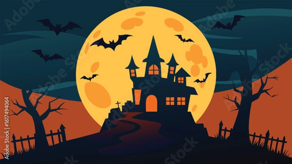 Obraz  Spooky haunted castle silhouetted against a large full moon with bats flying