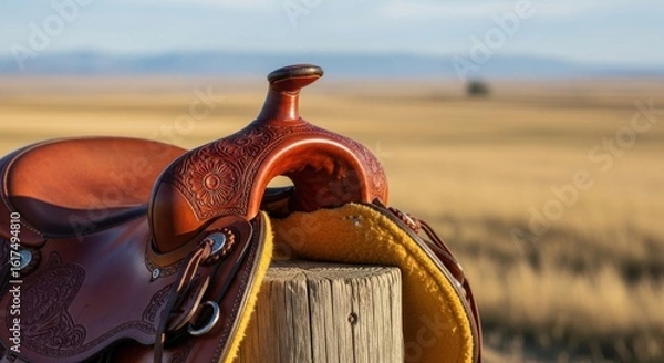 Fototapeta A closeup view of a weathered leather western saddle resting on a wooden post in a dry, grassy field