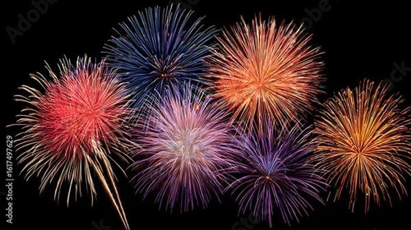 Fototapeta Multicolored fireworks exploding against a dark background.