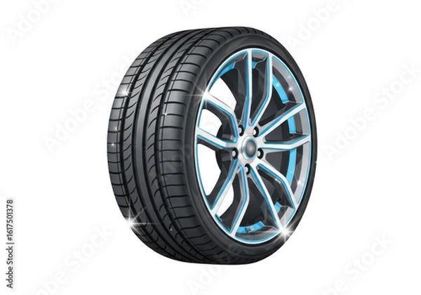 Fototapeta A modern car tire and alloy wheel with blue accents, isolated on a transparent background