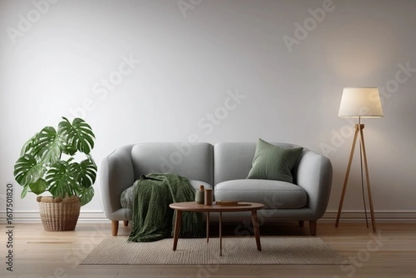 Fototapeta a Scandinavian living room wall mockup with a small round wooden coffee table in front of a light gray sofa, green throw blanket on the sofa, indoor monstera plant in a basket on the left