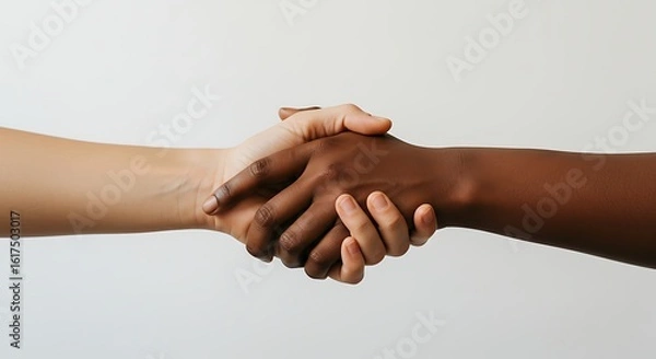 Fototapeta A close-up of a multiracial handshake symbolizing unity, partnership, and equality against a white background.