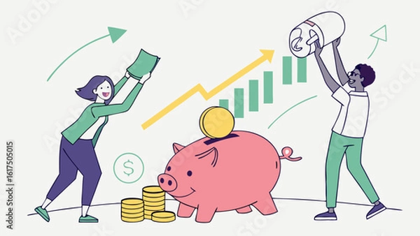 Obraz Team Working on Financial Growth Strategies with Piggy Bank and Growing Charts