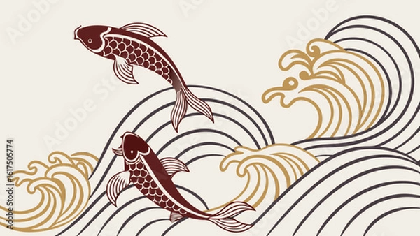 Fototapeta Japanese koi fish swimming in ocean waves vector art illustration oriental theme design background style art