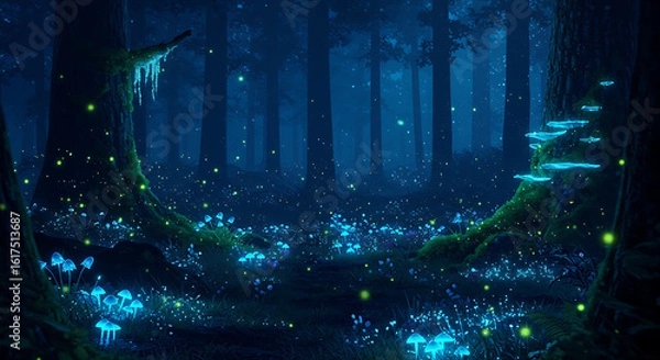 Fototapeta A mysterious deep forest at night illuminated by bioluminescent fungi and enchanting fairy lights.