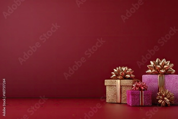 Obraz Three gift boxes with gold ribbons on a deep maroon background