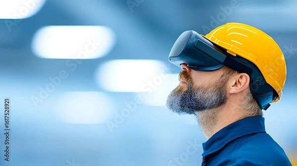 Obraz Construction worker uses virtual reality headset on job site