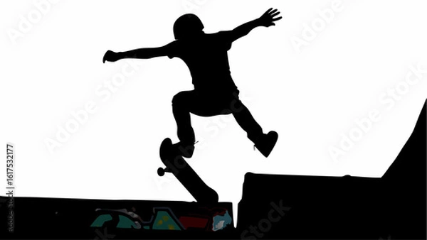 Fototapeta Silhouette of a skateboarder performing a trick on a ramp with arms outstretched for balance and control