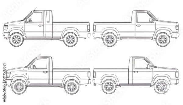 Fototapeta Four side view sketches of pickup trucks