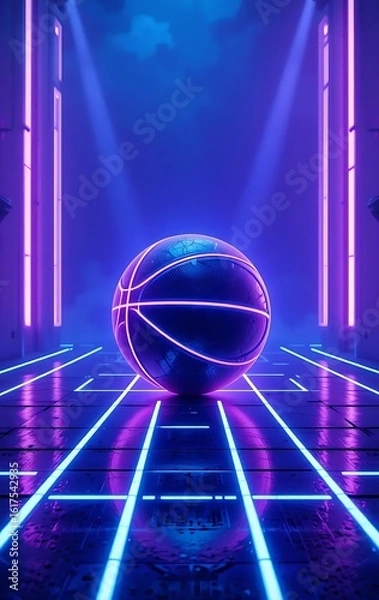 Fototapeta a futuristic glowing basketball on a neon-lit cyberpunk court, blue and purple gradient background, metallic floor with glowing lines, high contrast lighting, sci-fi atmosphere, minimal futuristic 
