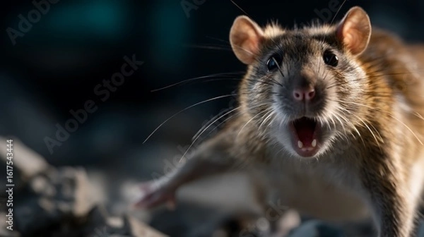 Fototapeta Curious Rat with Portrait, Outdoors, in a Moody, Dramatic, and SoftFocus Background.