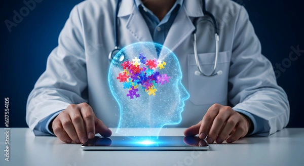 Fototapeta Doctor Diagnosing Mental Health Using Tablet; Puzzle Pieces in Head; Blue Background; Medical Uses