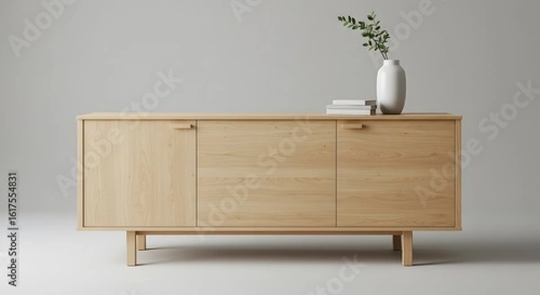 Fototapeta Modern Wooden Sideboard with Vase and Books on Light Background