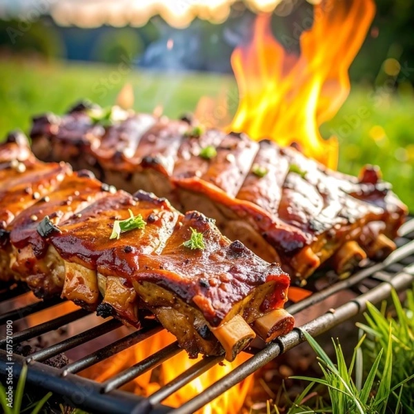 Obraz Grilled ribs on a fire pit