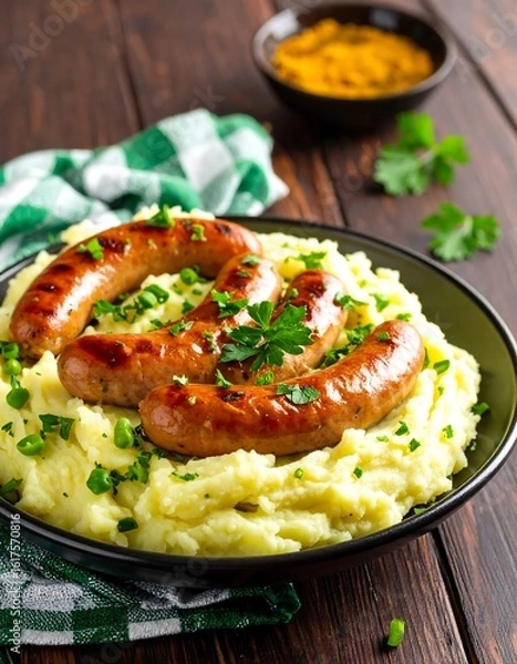 Obraz Grilled sausages served over mashed potatoes